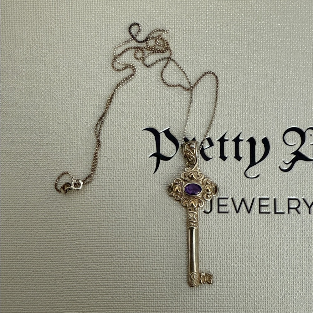 925 Silver Key Necklace W Amethyst